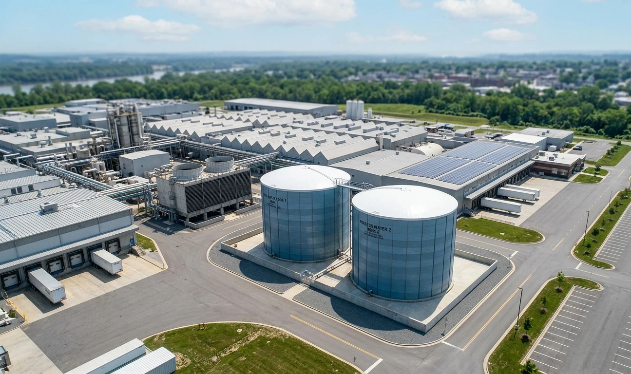 An aerial panoramic photograph over a modern industrial complex, focusing on two massive, pristine cylindrical industrial water tanks that serve as a durable asset base, illustrating the factors determining industrial water tank lifespan and maintenance frequency.