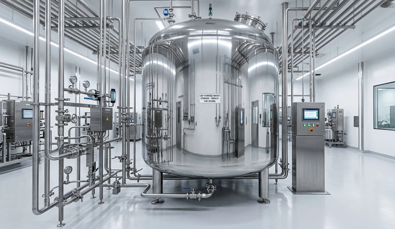 A mirror-polished 316L stainless steel pharma water storage tank with sanitary piping in a sterile manufacturing facility, meeting USP standards.