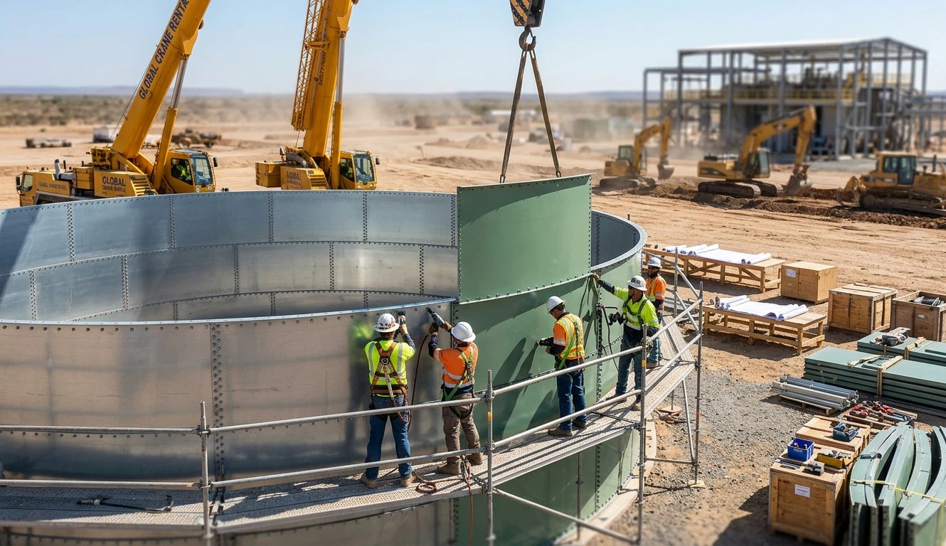 A photorealistic snapshot capturing a massive semi-assembled bolted steel industrial water tank under active construction on a sunny day. A large yellow crane is hoisting a pre-painted green steel panel to position, while a team of construction workers in safety gear is tightening bolts on scaffolding. The background shows heavy equipment, earth-moving operations, and a developing facility horizon under focused natural sunlight.