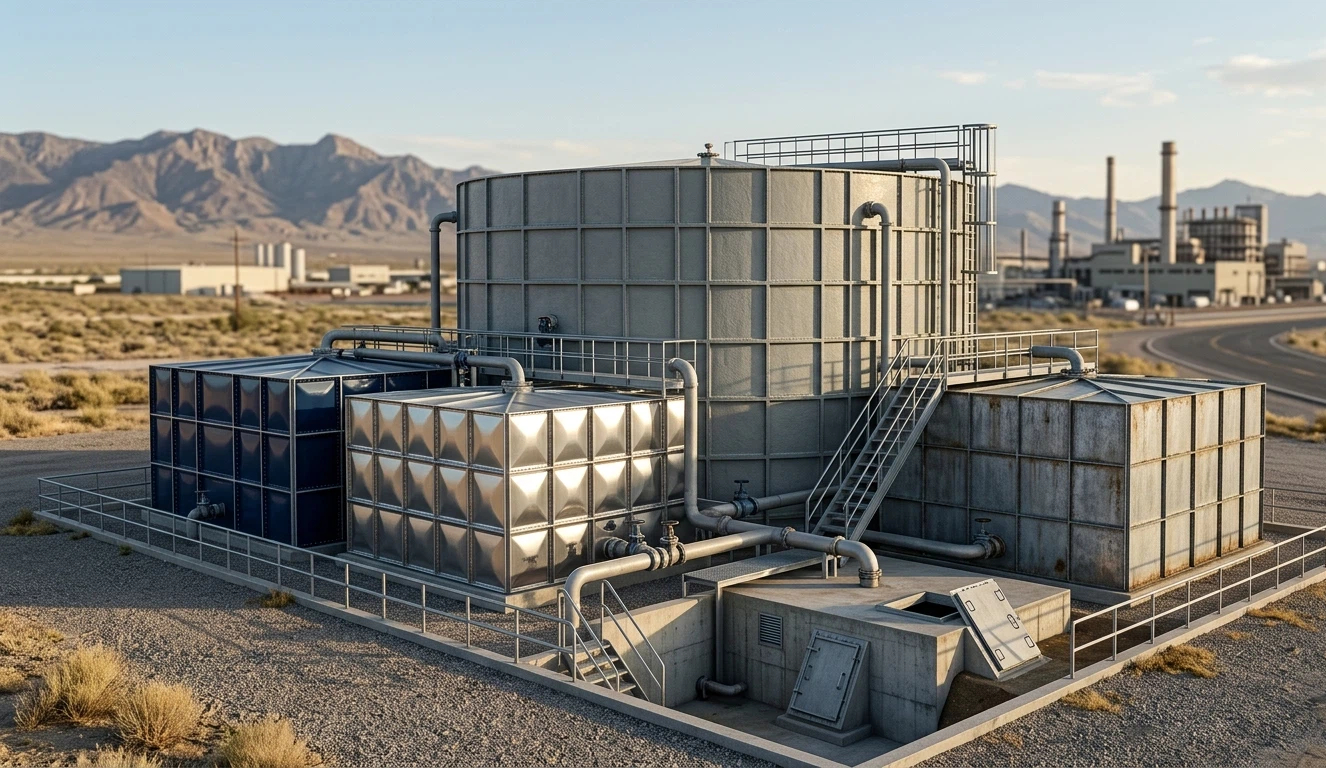 A hyper-realistic comparison view of five distinct best industrial water tanks, including GRP, Stainless Steel, Enamel, and Galvanized steel sectional panels at an outdoor site.