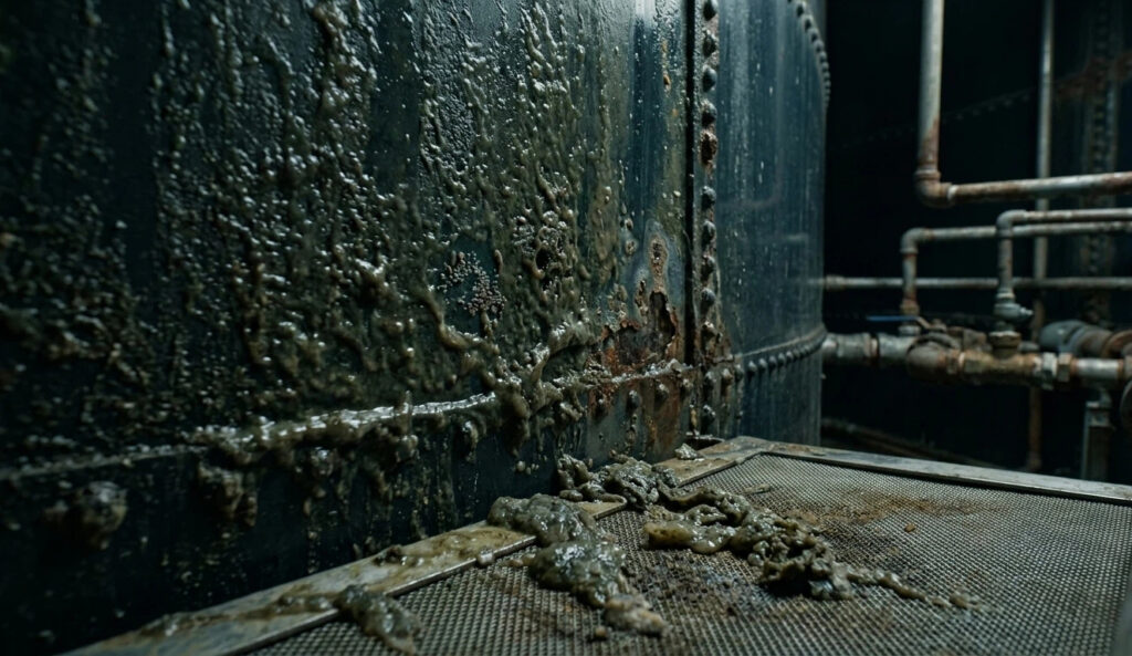 Macro view of thick organic biofilm and slime accumulation on the interior wall of a bolted steel water tank, causing localized pitting corrosion and clogging filters.