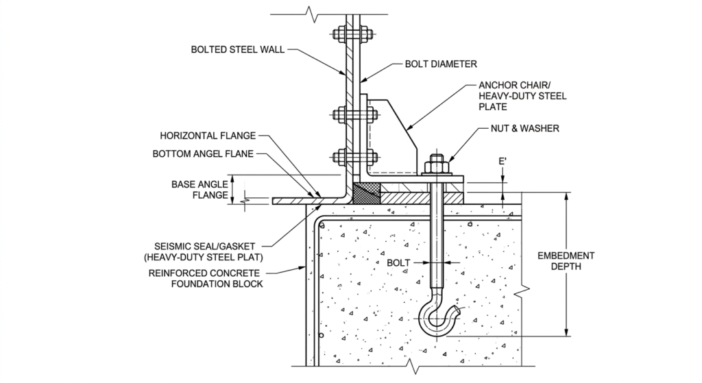Technical cross-section diagram of a bolted steel water tank base showing anchor chair assembly, heavy-duty anchor bolt embedded in reinforced concrete, and seismic seals per ASCE 7-22 standards.