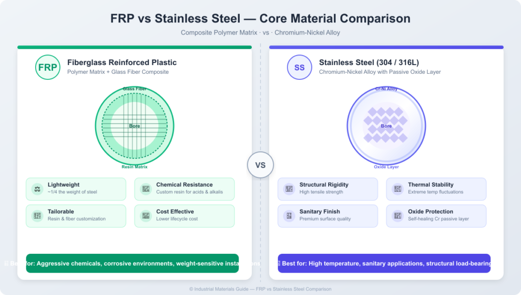 FRP vs Stainless Steel comparison chart showing material properties including chemical resistance, weight, thermal stability, and structural rigidity