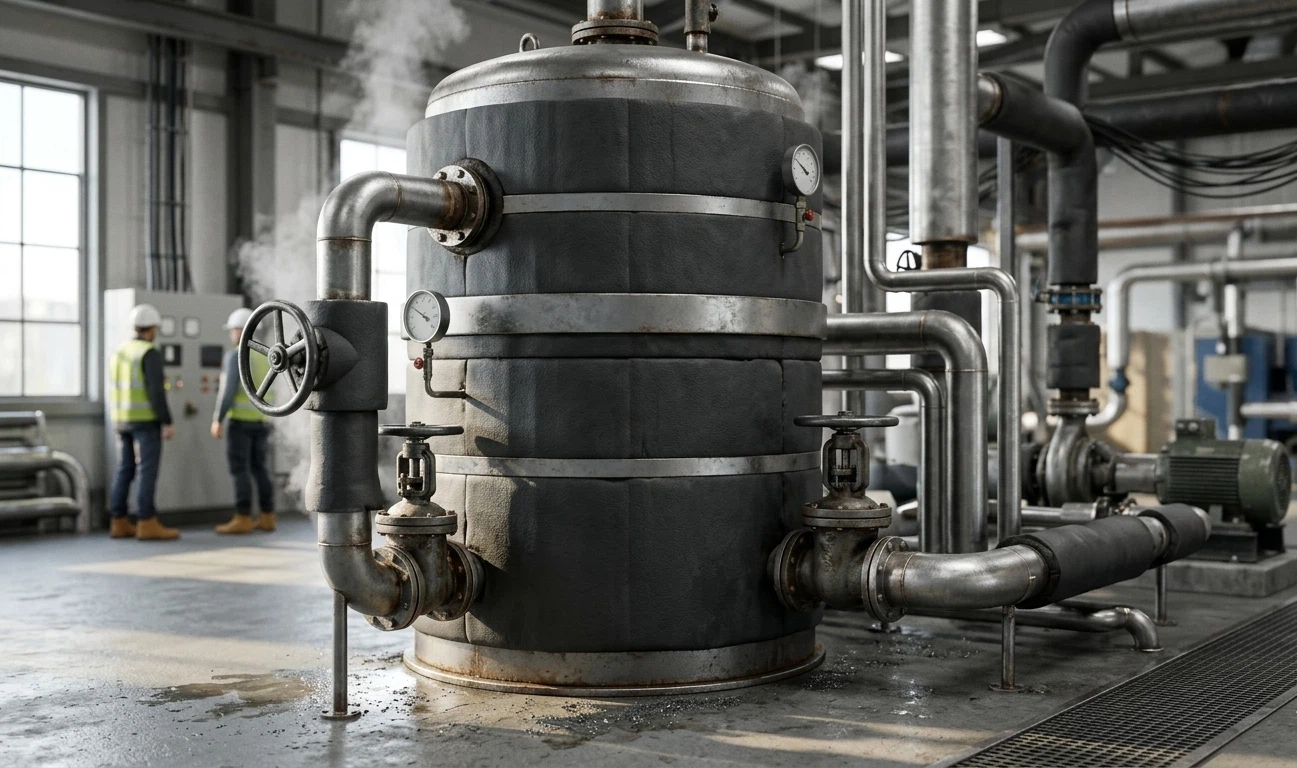 A professional-grade boiler feed water tank assembly with black thermal insulation, high-pressure steam valves, and integrated gauges in an industrial boiler room.