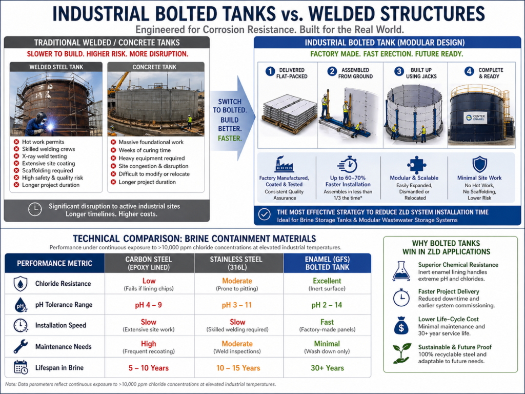 Industrial bolted tanks vs welded tanks comparison showing installation speed, corrosion resistance, and lifespan for brine storage and ZLD systems