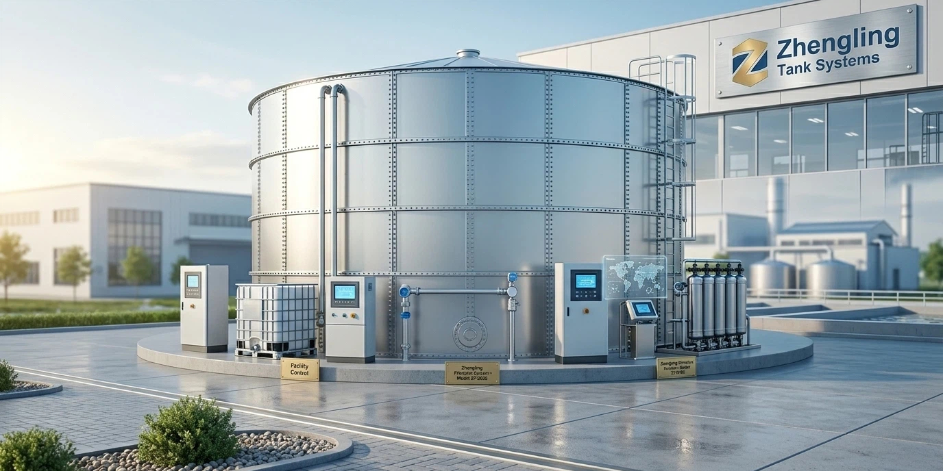 A realistic industrial water quality management system featuring a large bolted steel tank, integrated control panels, and a multi-stage filtration unit at a modern factory facility in 2026.