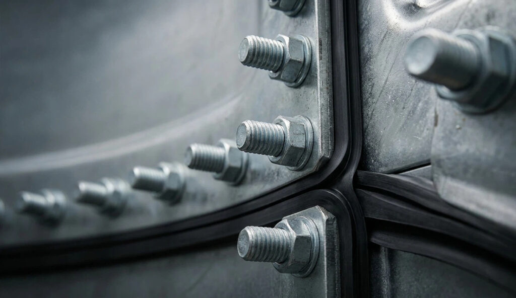 Close-up of precision bolted joints and high-grade EPDM liner seal in a heavy-duty industrial water tank system.