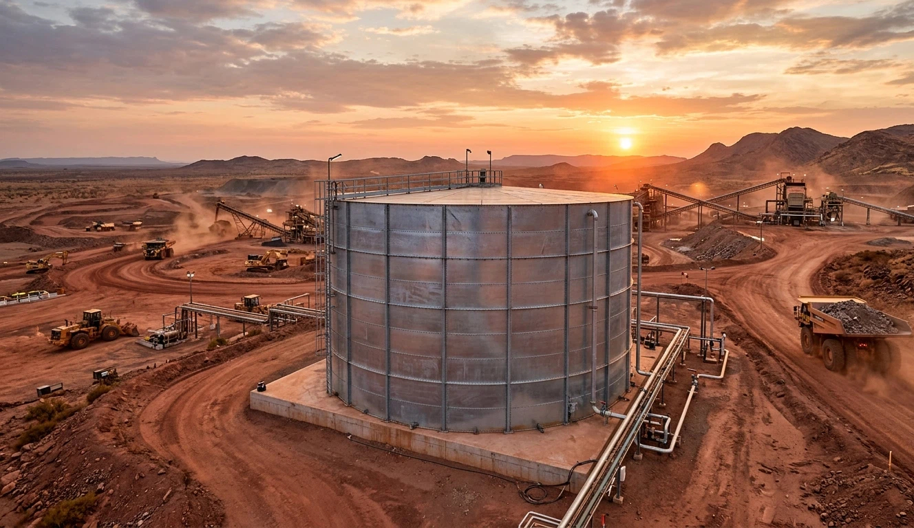 Large capacity galvanized mining water storage tank installed at a remote desert mine for haul road dust suppression during sunset.