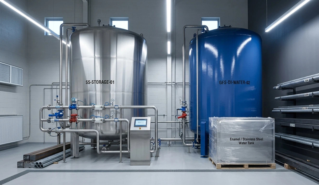 A high-purity water treatment room featuring a polished stainless steel water tank and a blue enamel water tank for RO water storage, equipped with precision piping and electronic monitoring.