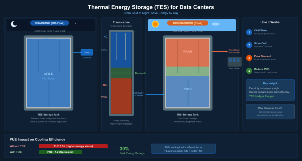 Diagram showing how Thermal Energy Storage (TES) cools a data center by chilling water at night and releasing stored cold during daytime peak hours, reducing PUE by approximately 30%.