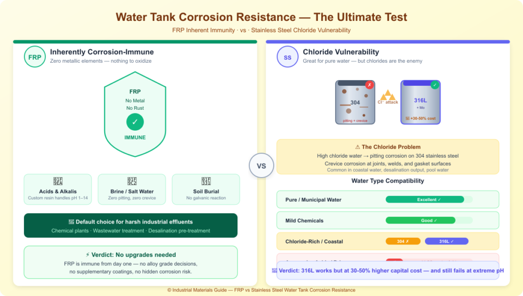 FRP vs stainless steel water tank corrosion resistance comparison showing FRP immunity to rust versus 304 316L stainless steel pitting and crevice corrosion from chlorides