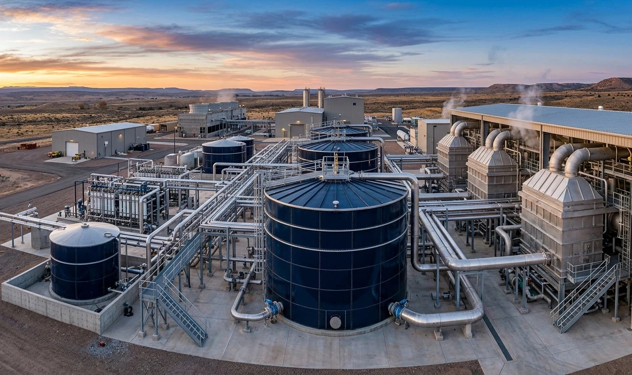 An extensive Zero Liquid Discharge (ZLD) facility featuring multiple Brine Storage Tanks in a dark blue GFS finish, illustrating the high-capacity integration of industrial bolted tanks in thermal evaporation systems.