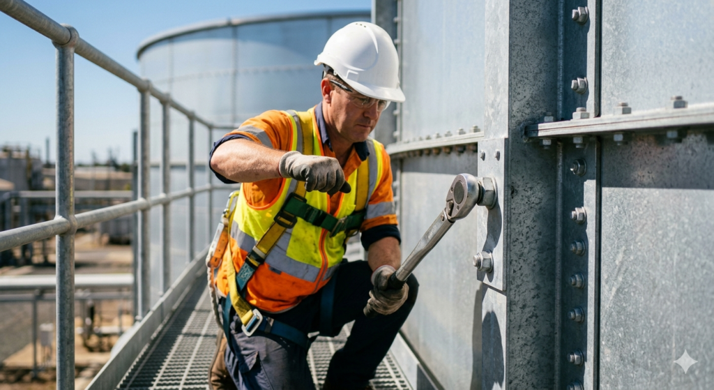 A safety engineer in a high-visibility vest and safety harness performs a torque check on galvanized steel platform bolts to ensure ongoing OSHA water tank safety compliance.
