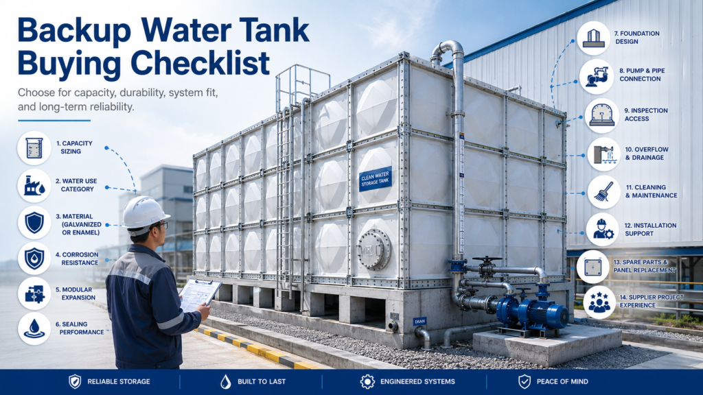 Backup water tank buying checklist showing an industrial modular water storage tank with pump connections, foundation, inspection access, and maintenance factors