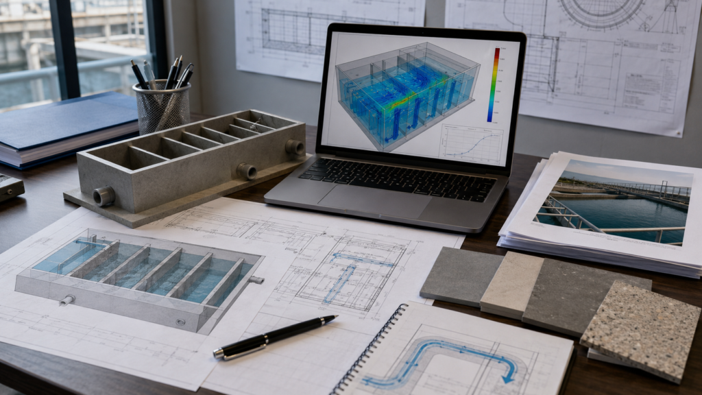 Baffle wall water tank design review with hydraulic flow path drawings and flow simulation