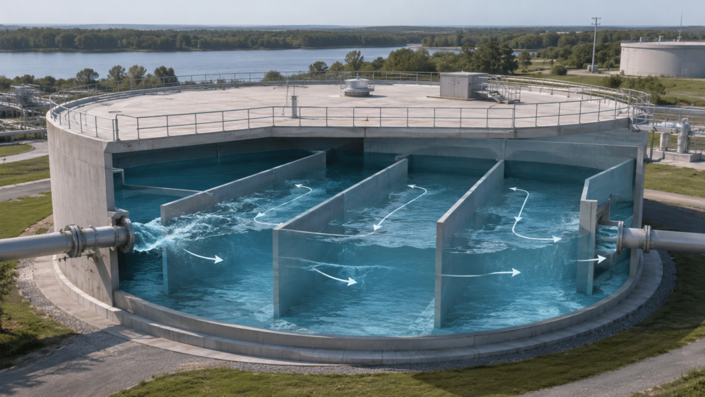 Baffle wall water tank with internal flow control for improved T10 Contact time and disinfection efficiency