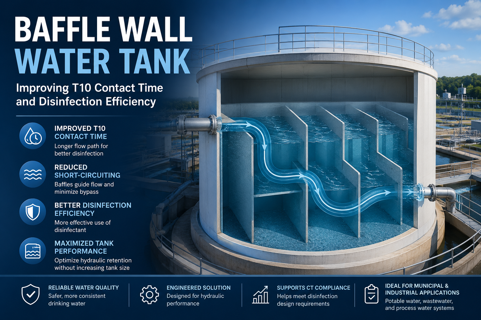 Baffle wall water tank design improving T10 Contact time and disinfection efficiency