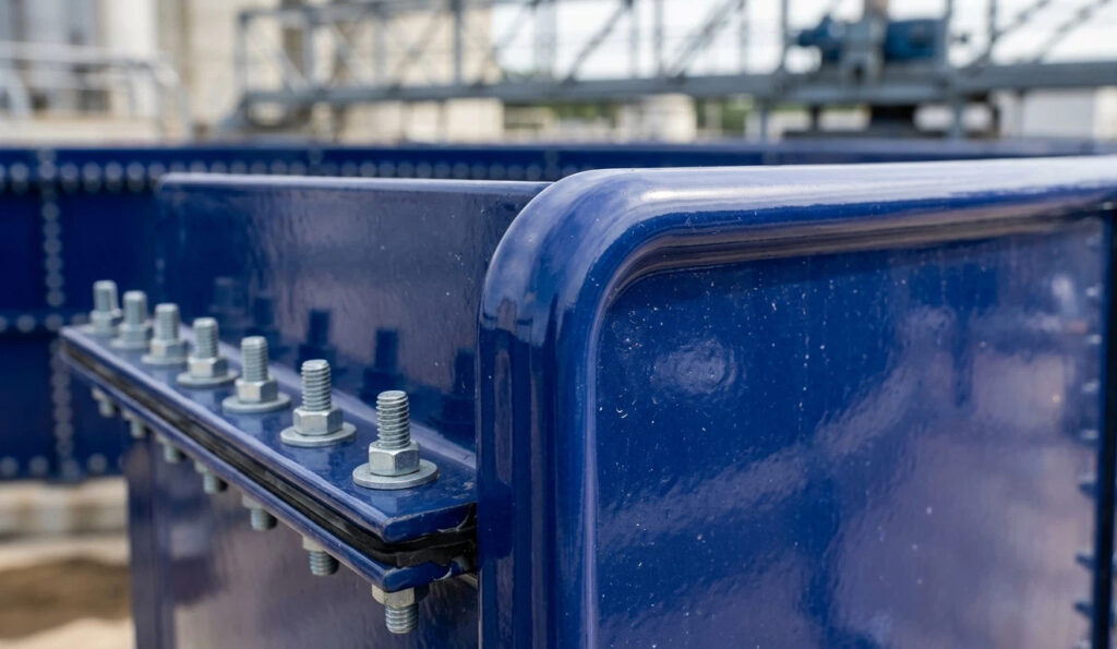 A close-up macro photograph of a Zhengling enamel water tank panel joint, showcasing professional tank edge encapsulation with a smooth blue glass-fused-to-steel finish and no corrosion.