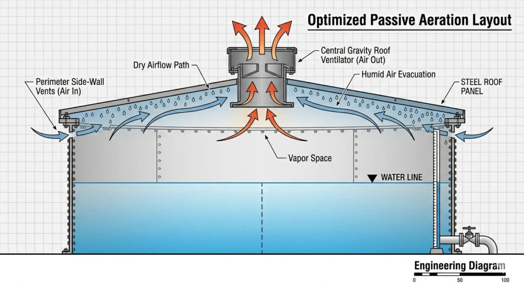 A technical engineering cross-section illustration of a bolted steel storage tank roof showing an optimized passive aeration layout. Blue arrows indicate cool, dry ambient air entering through perimeter side-wall vents, sweeping underneath the steel roof panel to push warm, humid vapor upward and out through a heavy-duty central gravity roof ventilator.