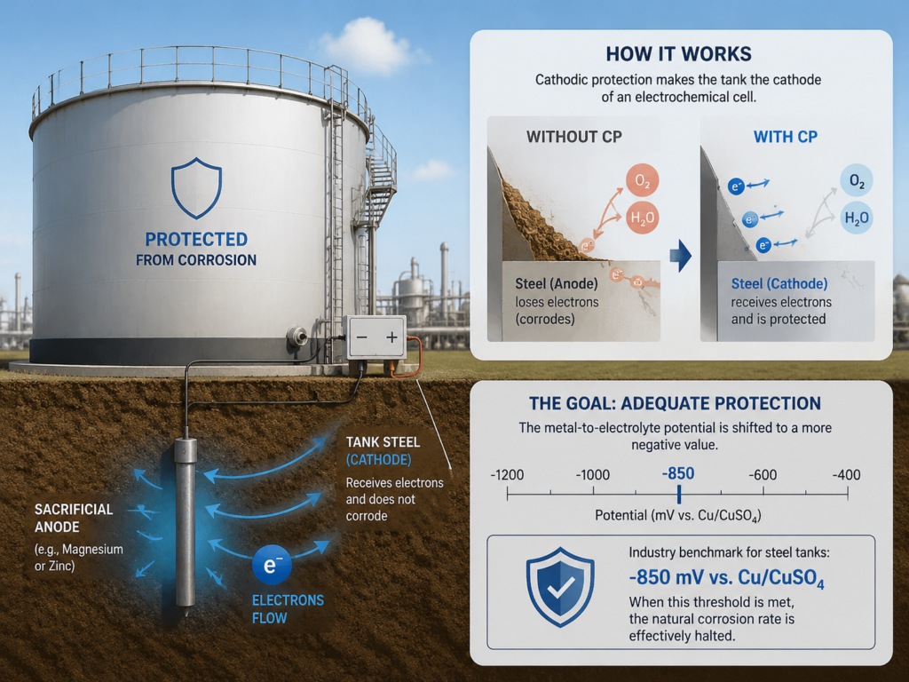 Infographic showing how cathodic protection protects a steel tank from corrosion by making it the cathode of an electrochemical cell, with sacrificial anode, electron flow, and potential measurement at -850 mV.