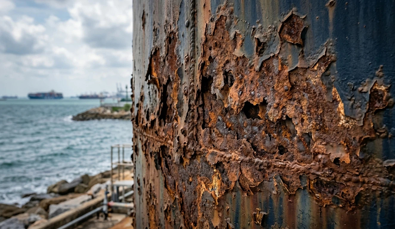 Severe coastal water storage tank corrosion showing advanced pitting, peeling paint, and structural rust on a steel surface in a high-salinity marine environment.