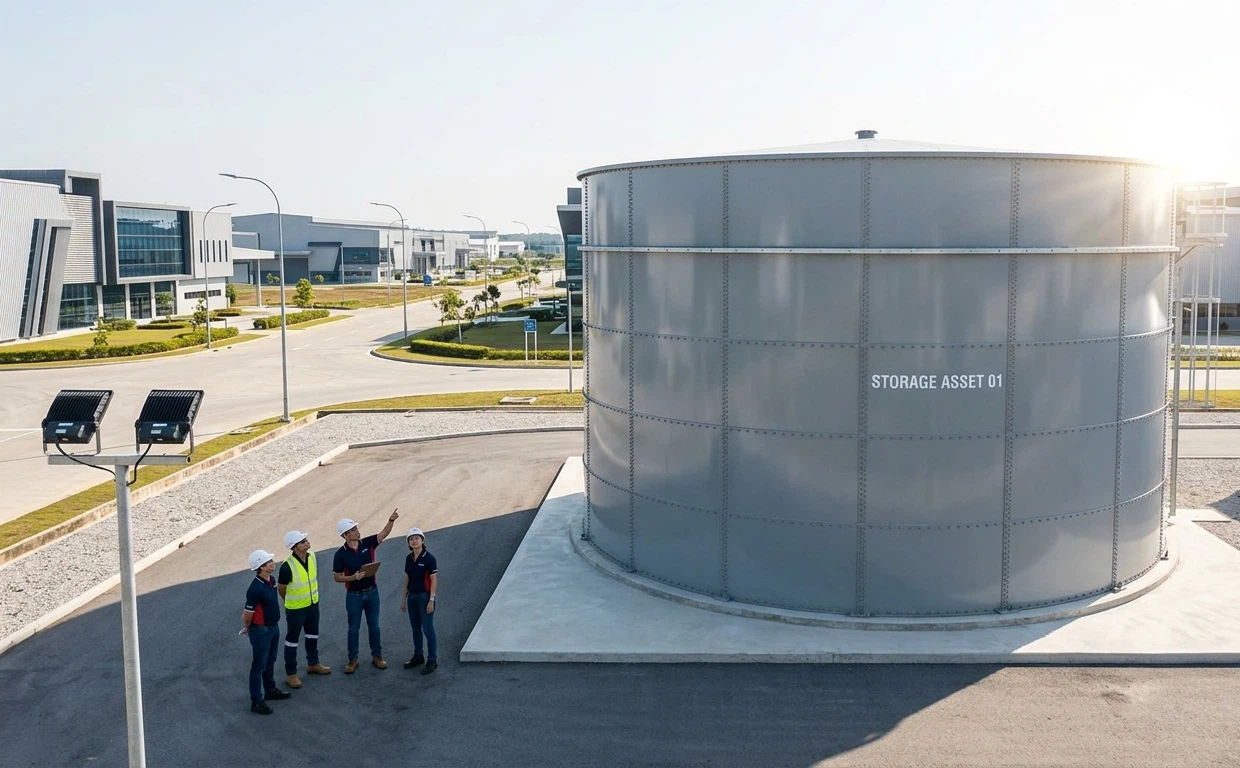 Professional engineering team conducting final site inspection of a completed bolted steel water storage tank, demonstrating successful project commissioning and structural integrity.