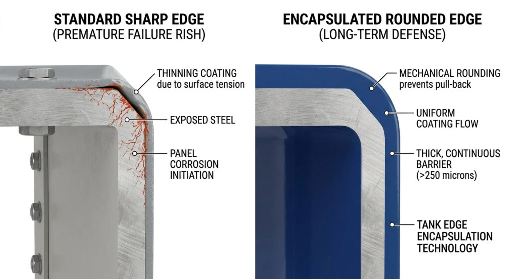 Comparison diagram showing tank edge encapsulation vs standard sharp edge coating. The left side displays panel corrosion on a 90-degree edge, while the right side shows a rounded edge with thick, uniform enamel protection.
