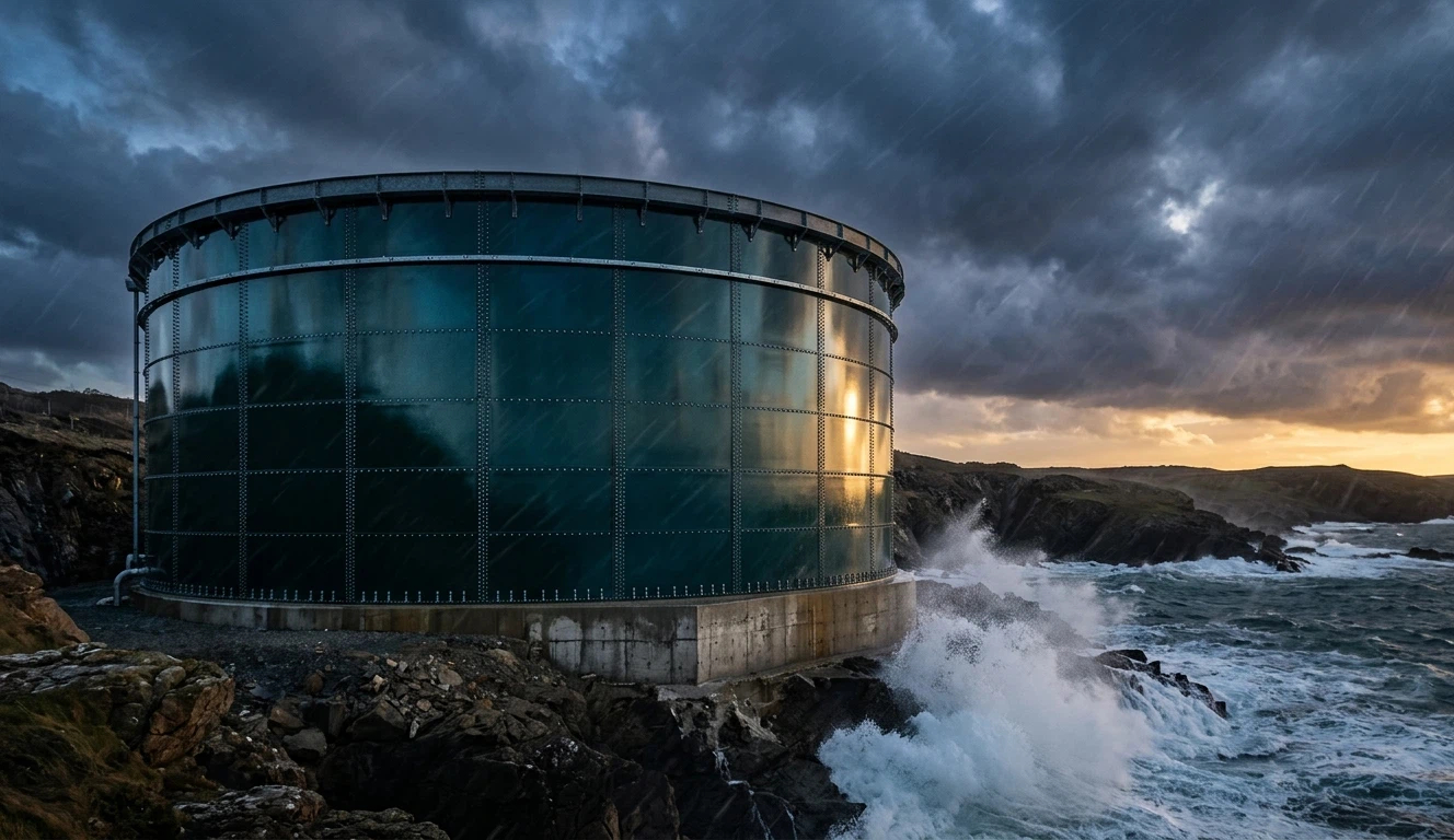 A massive bolted steel extreme weather tank standing resiliently against coastal storm waves and heavy winds, demonstrating wind load design and engineering for hurricane zones.