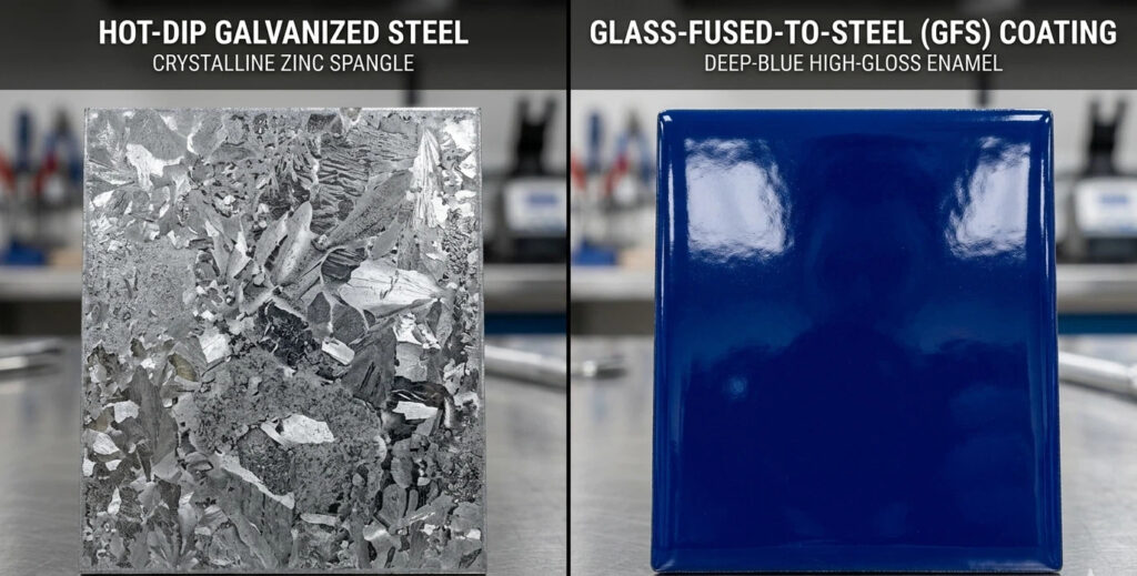 Macro comparison showing the crystalline zinc spangle of hot-dip galvanized steel on the left and the smooth deep-blue glossy finish of glass-fused-to-steel enamel coating on the right.