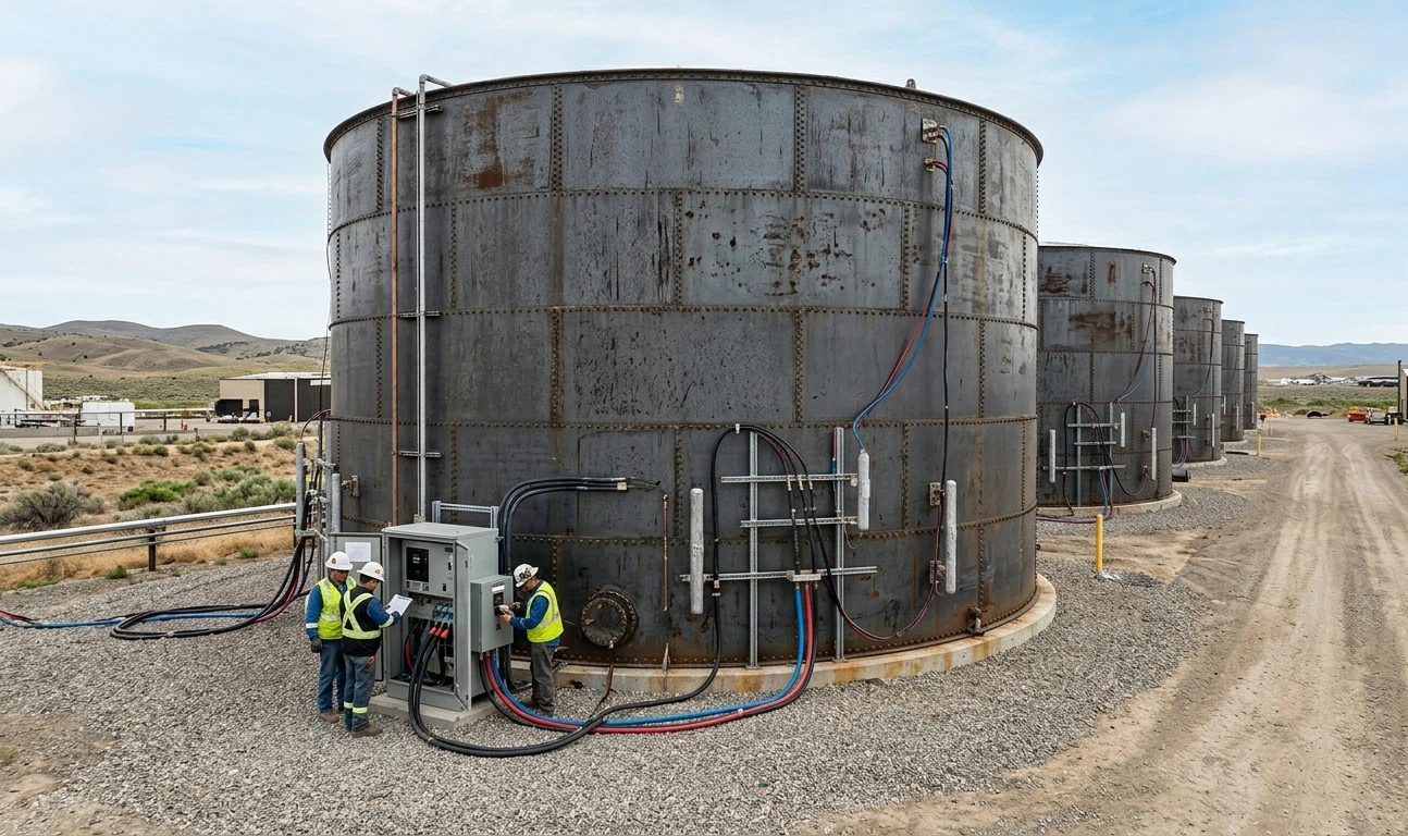 Engineers conducting a potential survey and inspecting the ICCP rectifier for a cathodic protection tank system at an industrial storage facility.
