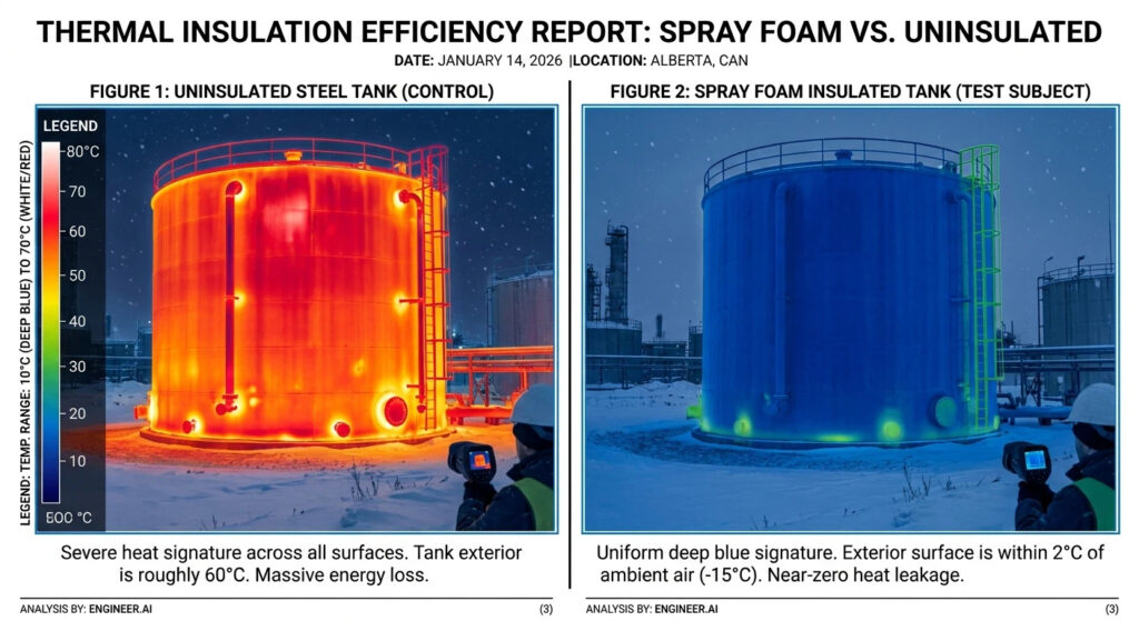 Side-by-side infrared thermal imaging report showing heat loss of an uninsulated steel tank (60°C) versus a polyurethane spray foam insulated tank (near ambient temperature) for industrial freeze protection.