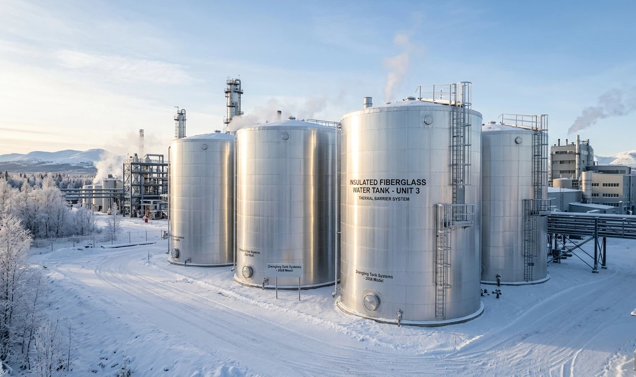 A row of silver-cladded insulated fiberglass water tanks in a snowy industrial complex, showcasing a modern thermal barrier system for winter freeze protection.