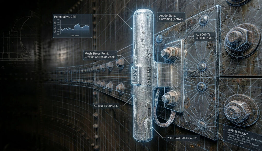 Macro shot of a magnesium sacrificial anode installed on the interior of a cathodic protection tank, showing active surface corrosion to prevent steel oxidation.