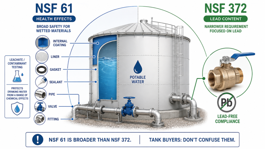 Comparison diagram of NSF 61 and NSF 372 for water tank buyers, showing NSF 61 health effects testing for wetted materials and NSF 372 lead-free compliance for drinking water components