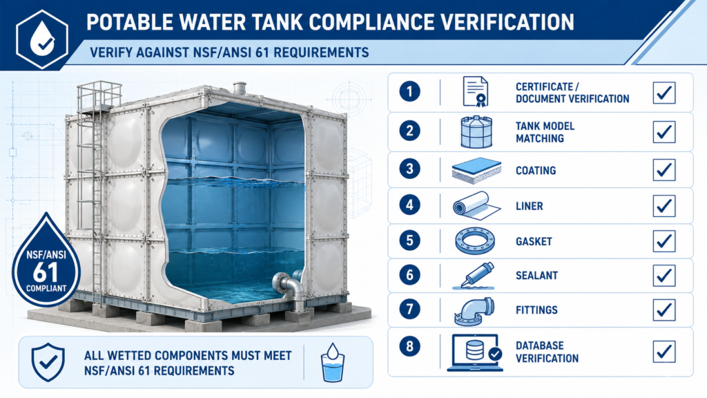 NSF 61 Water Tank compliance verification checklist showing certificate, tank model, coating, liner, gasket, sealant, fittings, and database verification