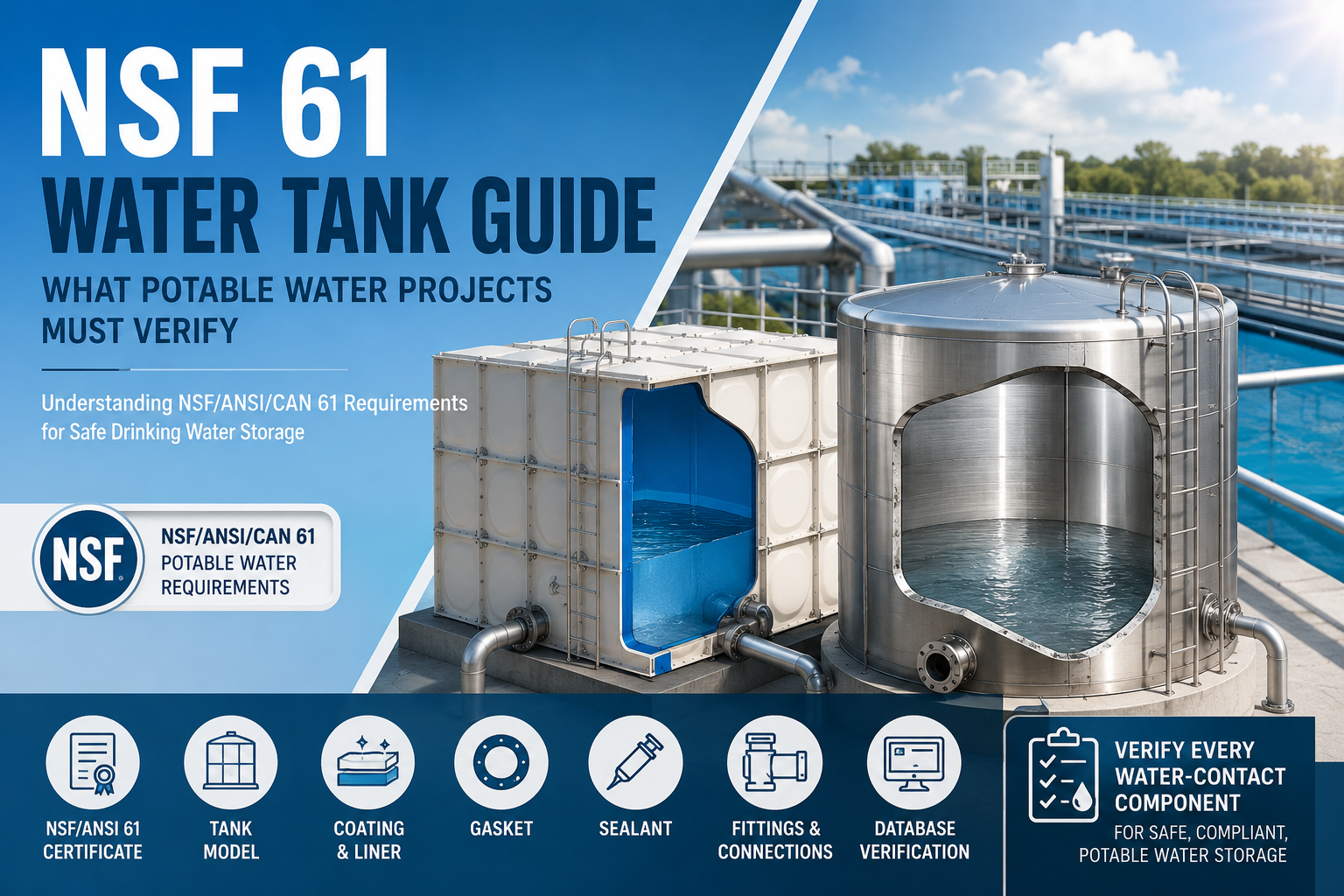 NSF 61 Water Tank guide cover showing potable water tank verification, coating, liner, gasket, sealant, fittings, and database check