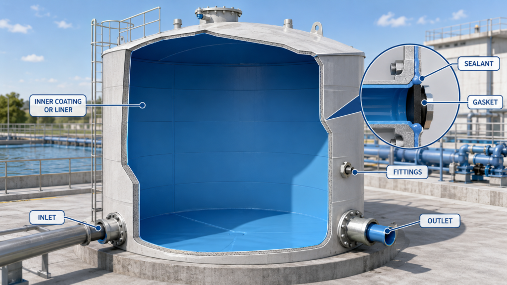 NSF 61 Water Tank cutaway showing potable water contact surfaces including inner coating, gasket, sealant, inlet, outlet, and fittings