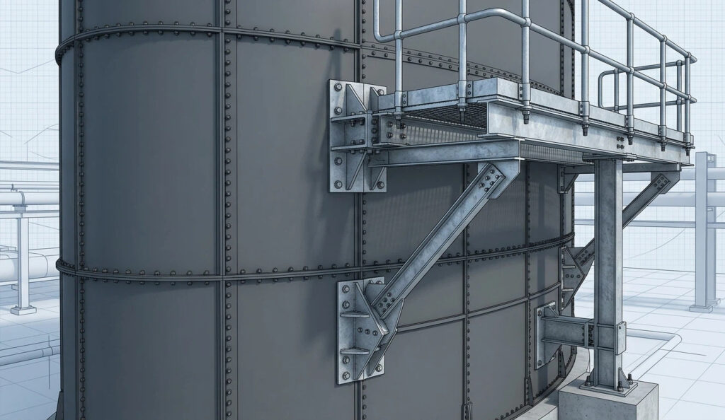A 3D technical rendering of heavy-duty steel connection brackets securing an OSHA compliant safety platform to industrial water tank panels.