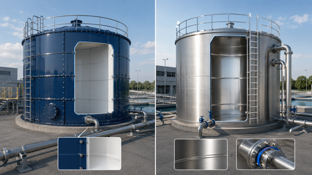 NSF 61 Water Tank comparison showing an enamel water tank and a stainless steel potable water tank with coating, gasket, and pipe connection details