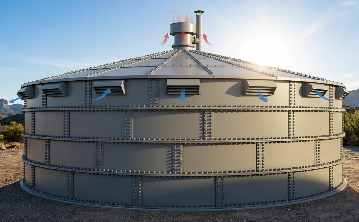 A realistic industrial photograph of a large modular bolted steel water tank featuring an optimized passive aeration roof system with heavy-duty perimeter side-wall vents and a central gravity roof ventilator for proactive tank condensation control.