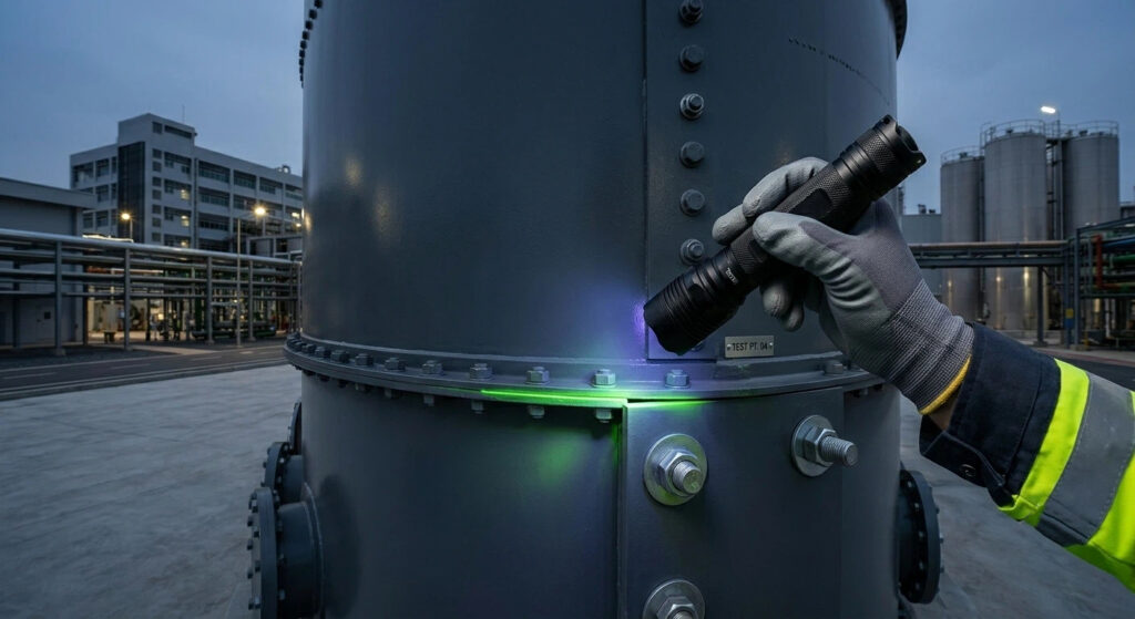 Technician using a UV inspection lamp for fluorescent tracer dye leak detection on a bolted steel tank seam during a tank hydrostatic test.
