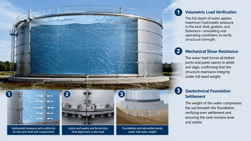 Industrial infographic of a tank hydrostatic test showing water-filled storage tank with callouts for volumetric load verification, mechanical shear resistance, and foundation settlement.