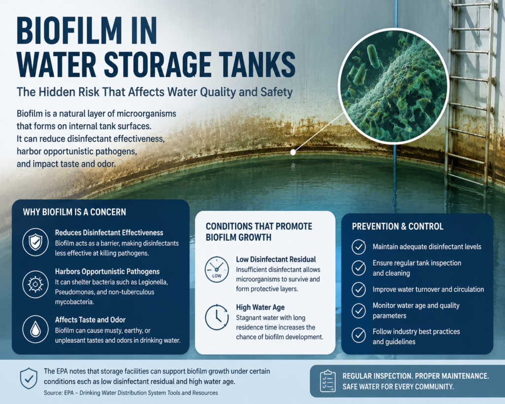 Biofilm in water storage tanks showing microbial growth on internal surfaces, reduced disinfectant effectiveness, and contamination risk under low residual chlorine conditions