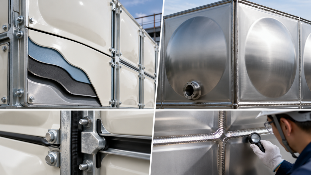 Comparative infographic showing enamel water tank panels with coating layers and stainless steel potable water tank panels with smooth welded surfaces for drinking water storage projects.