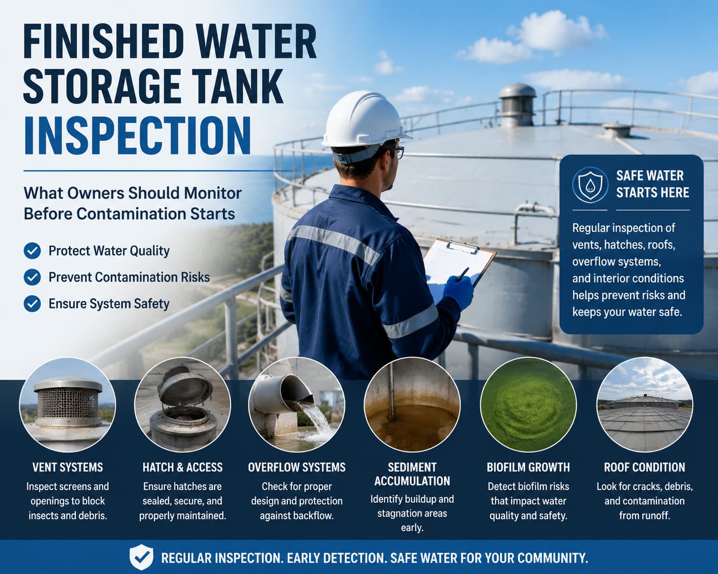 Finished water storage tank inspection overview showing key monitoring points including vents, hatches, overflow systems, sediment accumulation, biofilm risk, and roof contamination