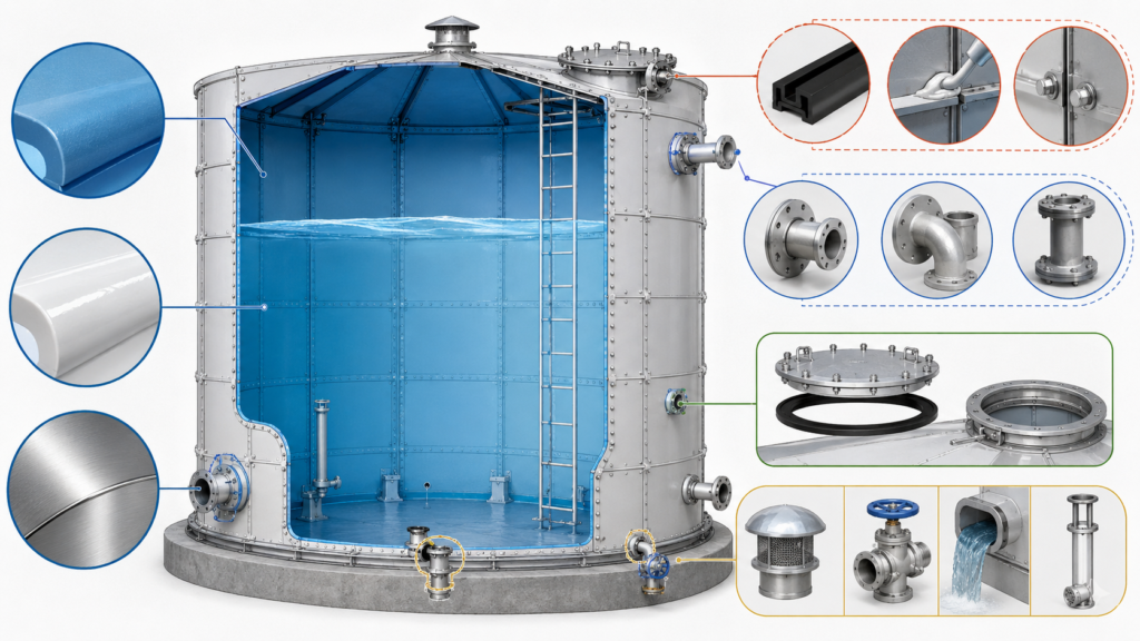 NSF 61 certification scope for potable water tank water-contact parts including coating, gasket, sealant, fittings, vent, drain, overflow, and manhole components