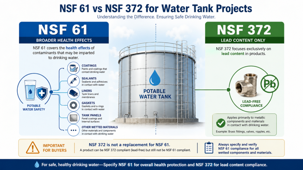 NSF 61 vs NSF 372 comparison for water tank safety standards showing NSF 61 for potable water health effects and NSF 372 for lead content compliance