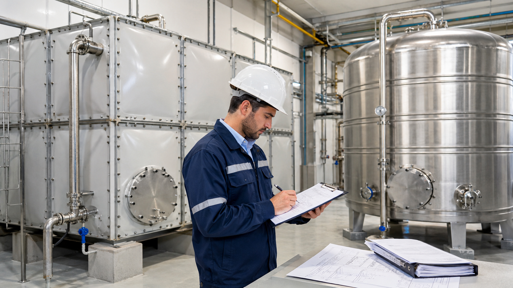 Engineer checking potable water tank compliance documents in front of enamel and stainless steel water storage tanks