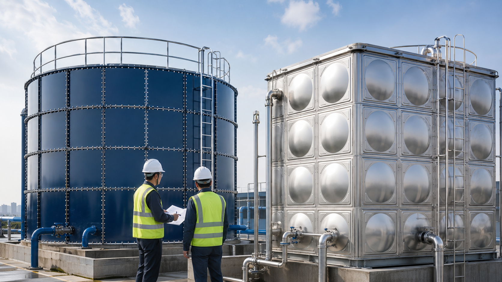 Engineers comparing an enamel potable water tank and a stainless steel potable water tank for a drinking water storage project.