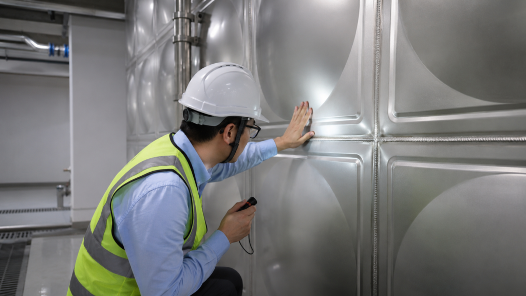 Inspector checking weld seams and surface finish on a stainless steel potable water tank in a clean indoor facility.